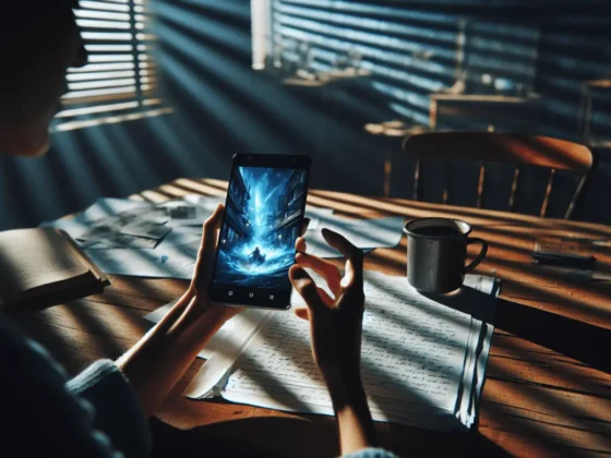 Tilted image of a user engaged with digital storytelling on an old smartphone, contrasting warm indoor lighting with cool screen glow.2024-01-14T02:17:37.084Z