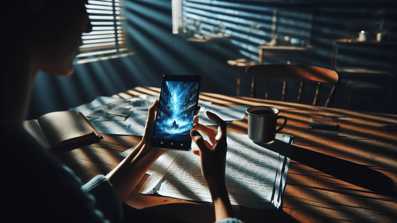 Tilted image of a user engaged with digital storytelling on an old smartphone, contrasting warm indoor lighting with cool screen glow.2024-01-14T02:17:37.084Z