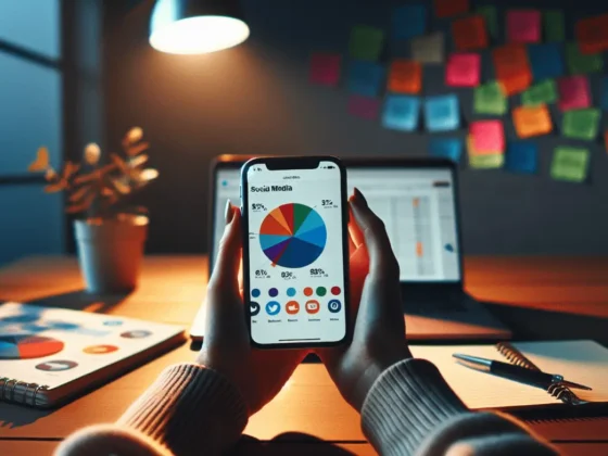 A person's hands holding an iPhone with a colorful social media pie chart, in a cluttered office setting.2024-01-19T23:15:27.223Z