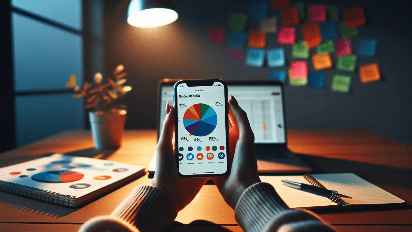 A person's hands holding an iPhone with a colorful social media pie chart, in a cluttered office setting.2024-01-19T23:15:27.223Z