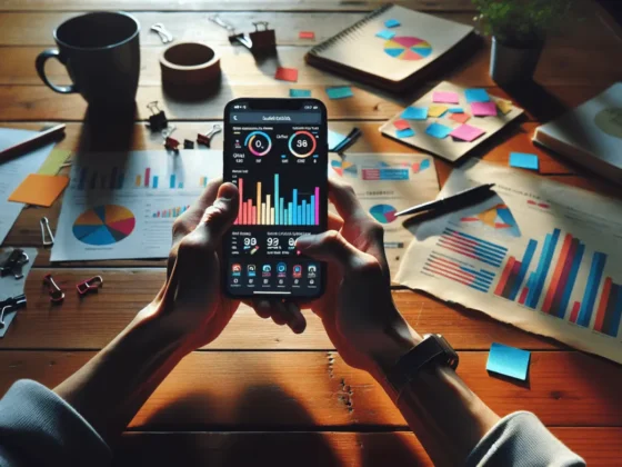 "Hands holding a smartphone with social media analytics on a desk with notes and graphs in soft lighting."2024-01-20T09:34:53.793Z