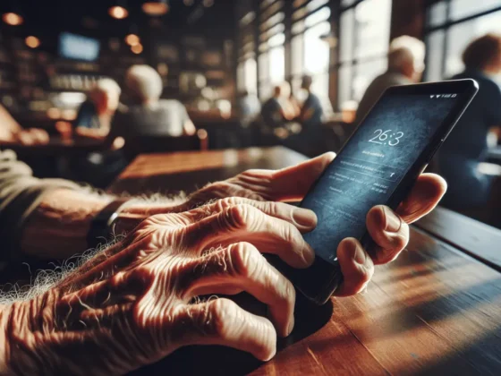 Extreme close-up of a hand with a textured thumb scrolling on a smartphone in a coffee shop.2024-01-20T12:33:58.214Z