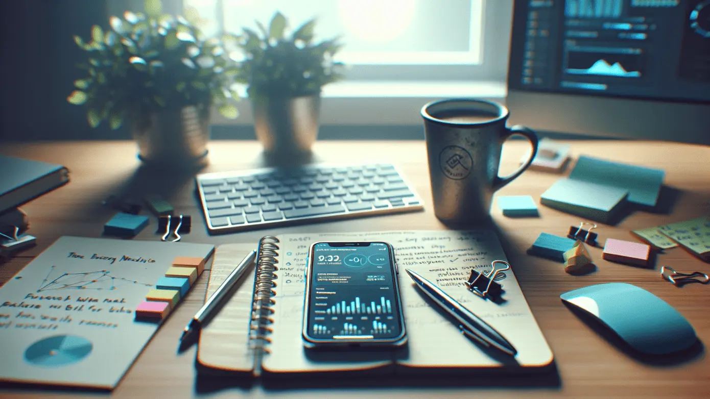 iPhone displaying analytics app on a cluttered marketer's desk with ambient lighting.2024-01-23T01:35:08.720Z