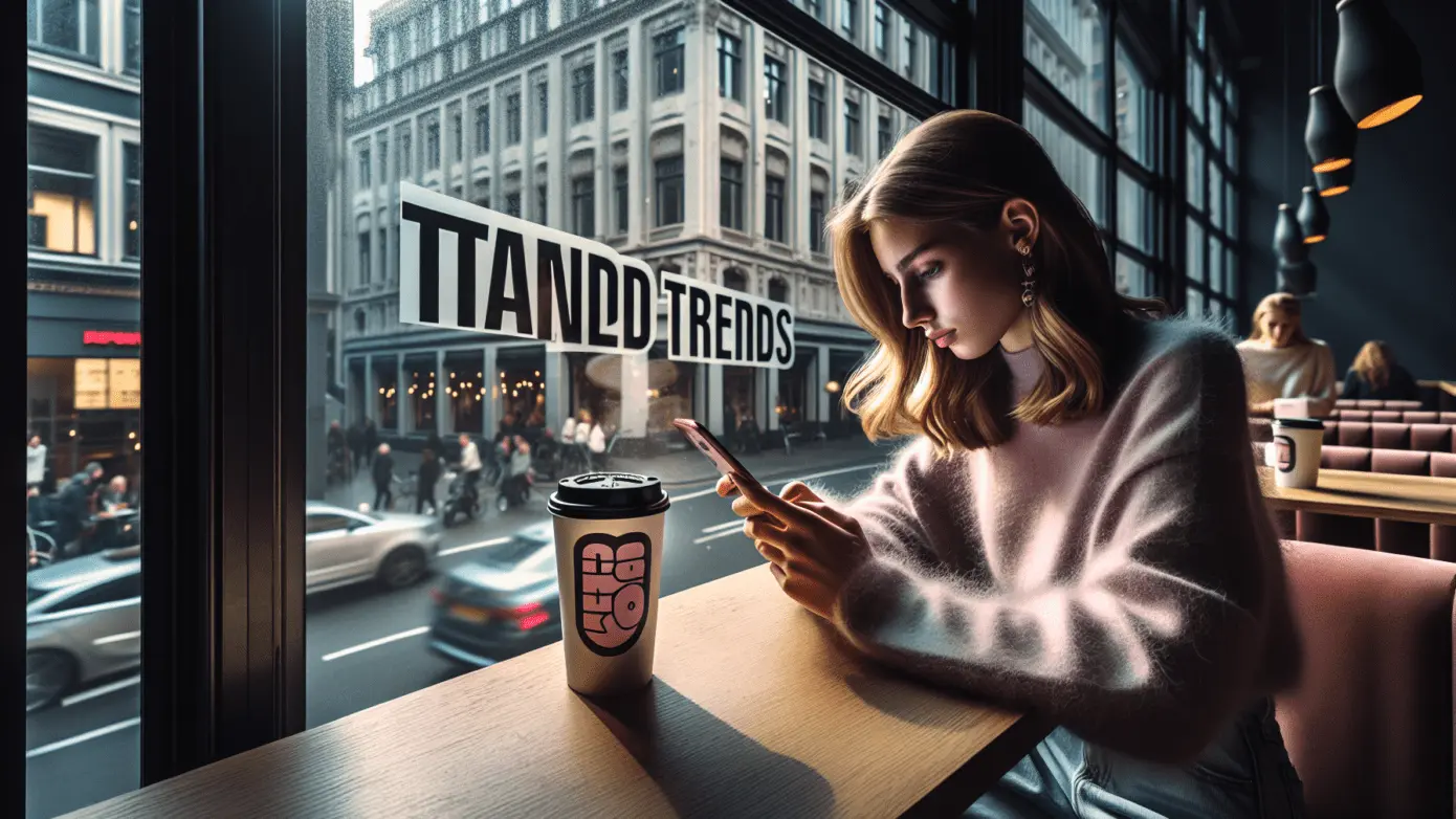 Young woman focused on smartphone at a chic café, muted colors highlight trendy brand logo.2024-01-26T01:03:05.835Z