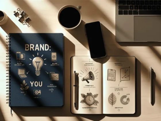 A well-lit home office desk featuring a notebook outlining key steps for personal branding.2024-01-26T02:29:06.285Z