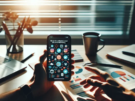 Hands holding a phone with a vibrant social media infographic, surrounded by office supplies.2024-01-30T09:35:50.226Z