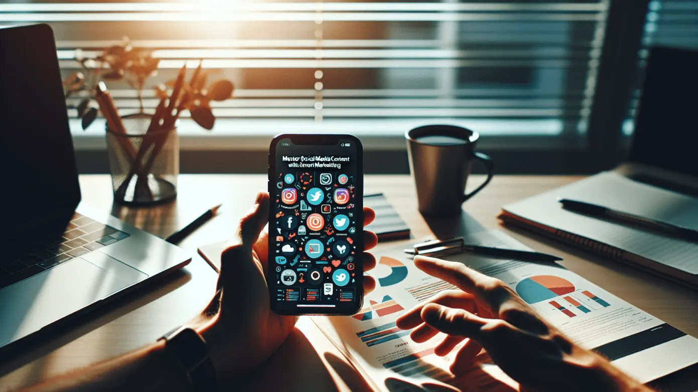 Hands holding a phone with a vibrant social media infographic, surrounded by office supplies.2024-01-30T09:35:50.226Z