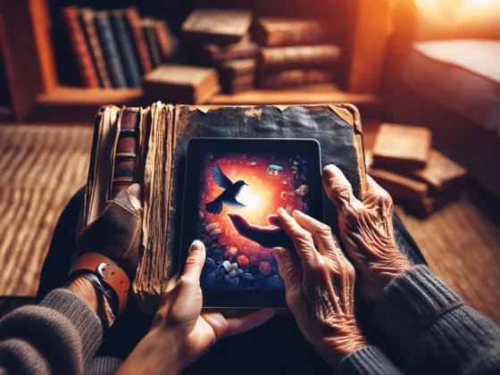 Elderly hands holding a vintage book beside a vibrant tablet screen in a cozy, lit room.2024-01-30T12:36:41.530Z