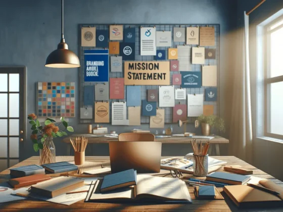 Cluttered home office desk with branding books, "Mission Statement" notes, and colorful mood board.2024-02-02T19:09:38.420Z