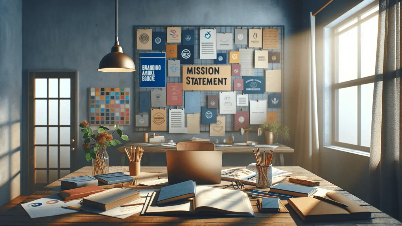 Cluttered home office desk with branding books, "Mission Statement" notes, and colorful mood board.2024-02-02T19:09:38.420Z