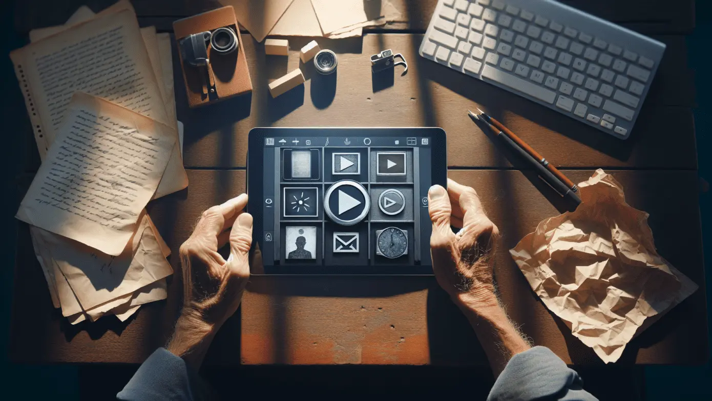 "Worn hands hold tablet with story icons on a desk among papers in natural light."2024-02-05T12:34:38.887Z