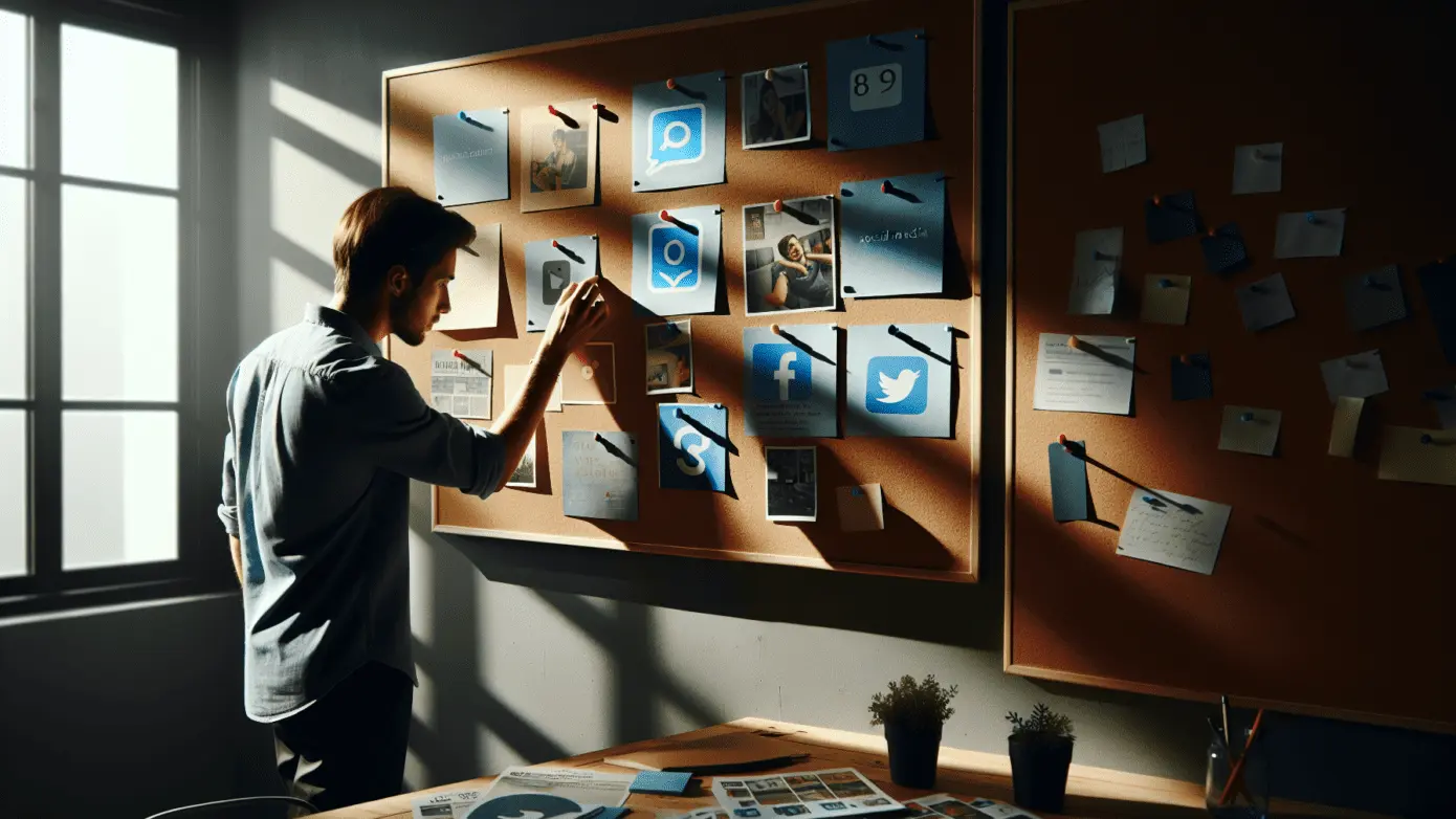 Young professional arranging vibrant brand materials on a corkboard in a sunlit co-working space.2024-02-06T01:34:52.622Z