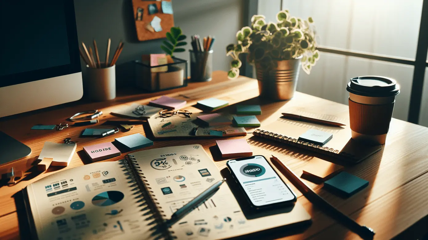 Cluttered home office desk with branding strategy materials and a glowing smartphone under soft afternoon light.2024-02-06T06:35:24.084Z