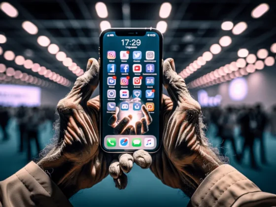 Aged hands clutching an iPhone with morphing social media icons at a tech conference.2024-02-06T09:35:08.471Z