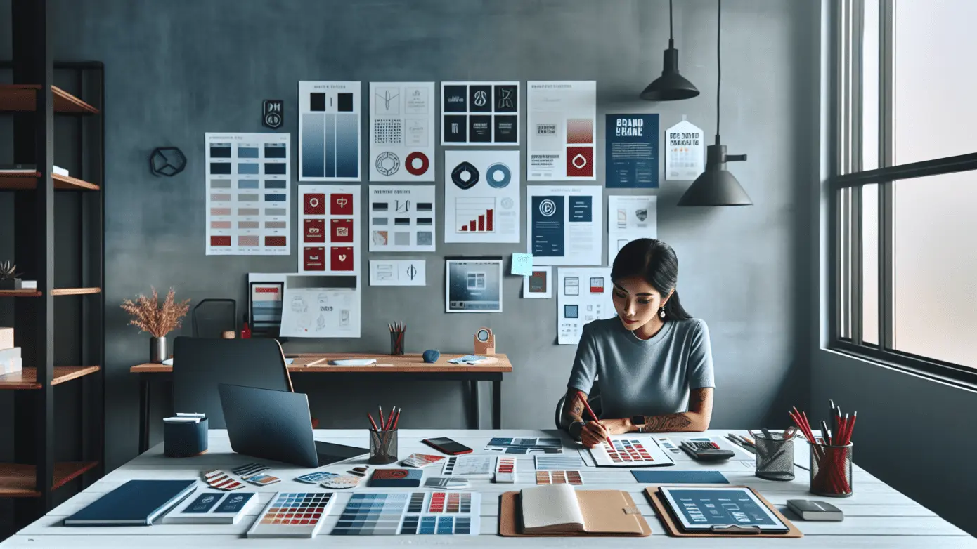 Person at work desk with branding elements, muted colors, and soft natural lighting.2024-02-13T03:33:42.968Z