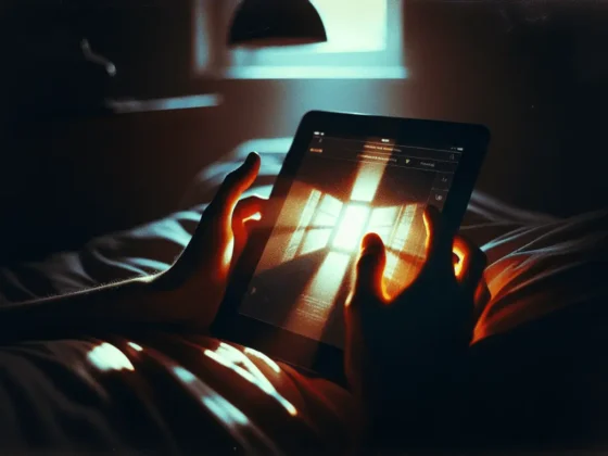 Over-the-shoulder closeup of hands holding a glowing tablet with a digital story in a dim, warm-toned room.2024-02-22T03:32:50.169Z