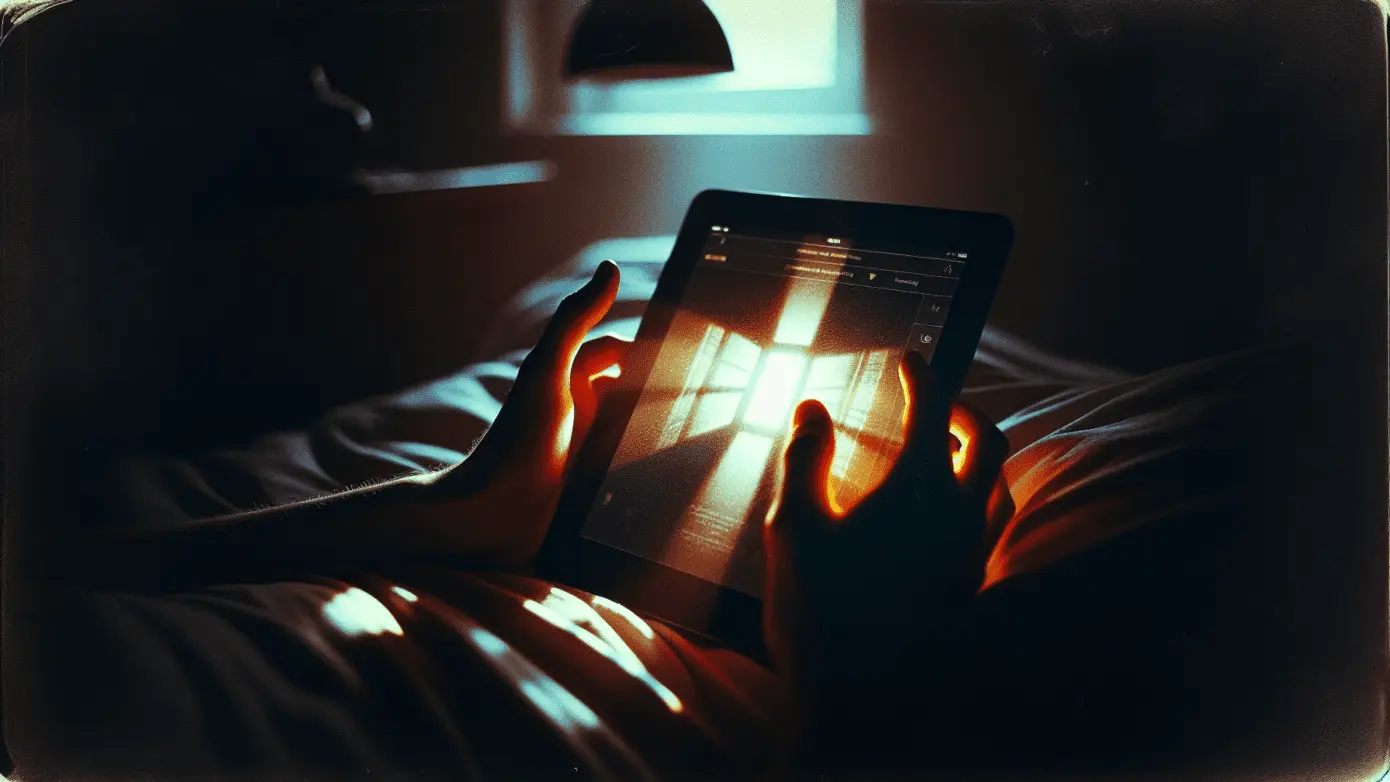 Over-the-shoulder closeup of hands holding a glowing tablet with a digital story in a dim, warm-toned room.2024-02-22T03:32:50.169Z