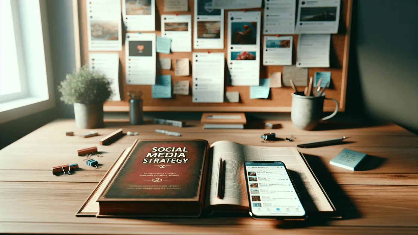 "Strategic social media book and smartphone on table with soft lighting in a modern home office."2024-03-11T03:32:33.225Z