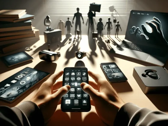 "Hands holding smartphone with storytelling apps on cluttered tech desk in soft indoor lighting."2024-03-21T05:21:31.120Z