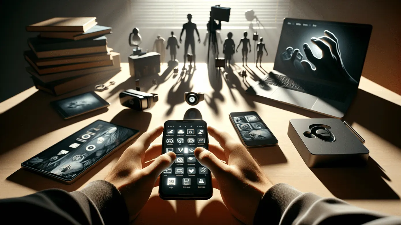 "Hands holding smartphone with storytelling apps on cluttered tech desk in soft indoor lighting."2024-03-21T05:21:31.120Z