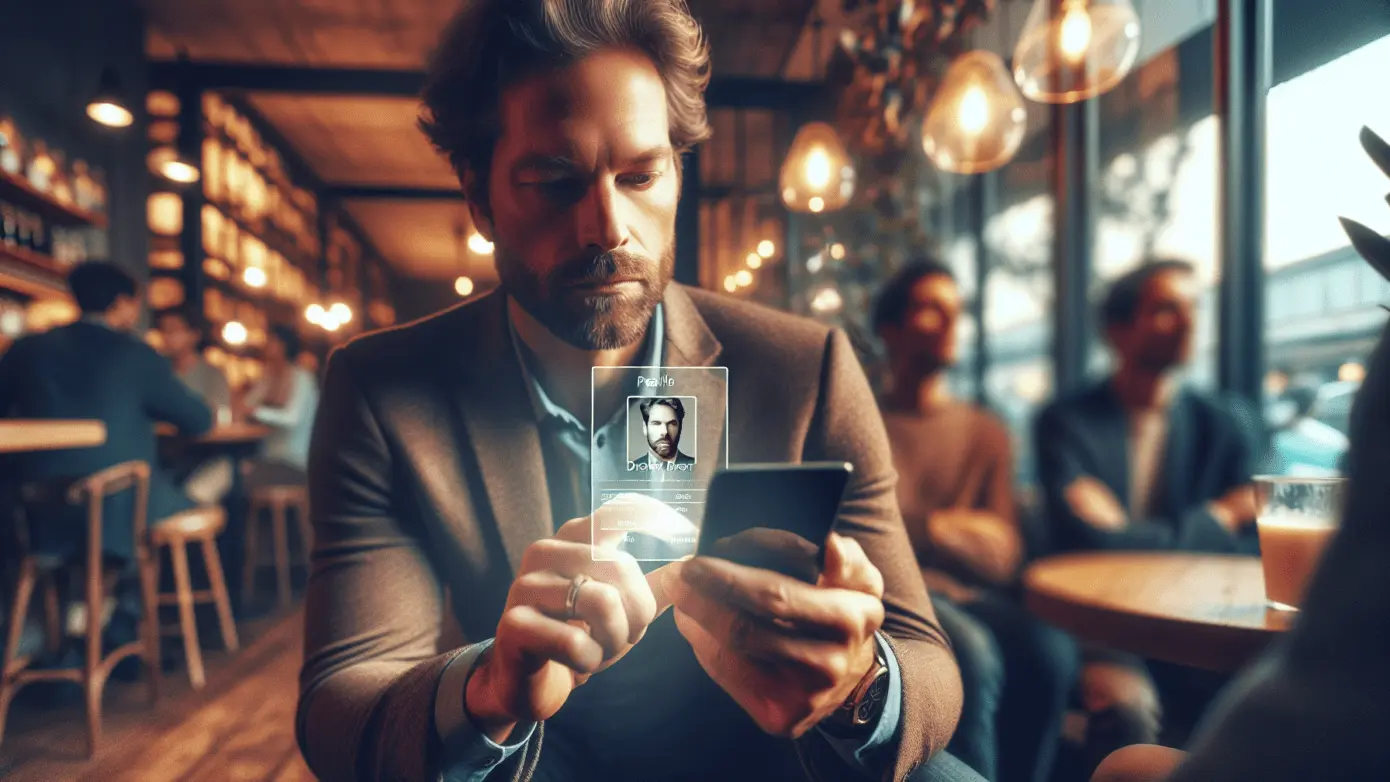 Straight-on view of a person in a coffee shop, partially obscured face, reviewing their professional profile on a smartphone.2024-04-23T03:33:06.895Z