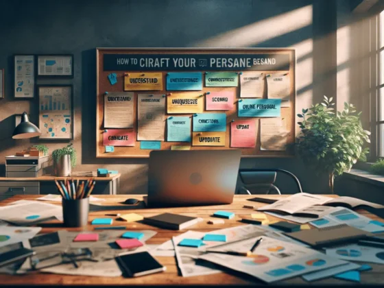 Straight-on view of a cluttered, naturally lit desk emphasizing the creative branding process with colorful notes.2024-04-30T03:32:49.925Z