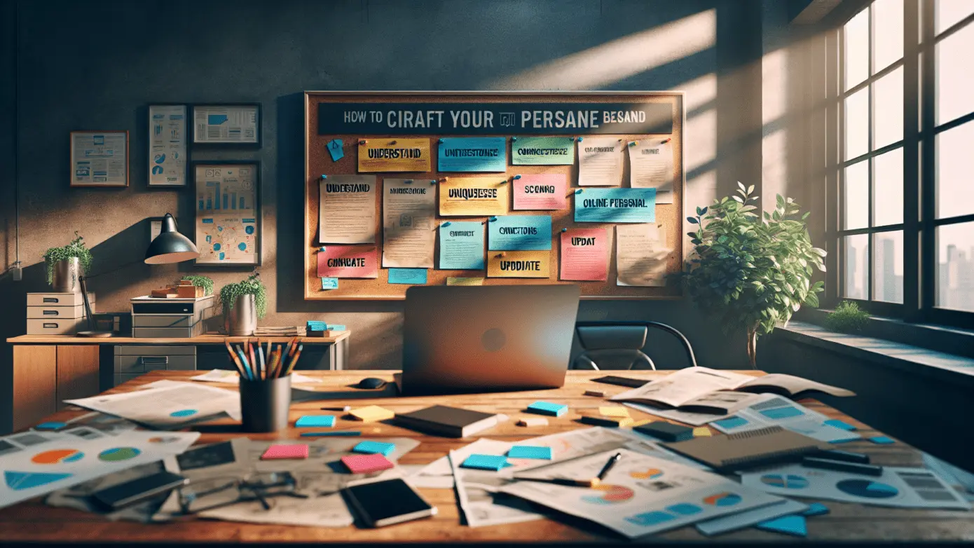 Straight-on view of a cluttered, naturally lit desk emphasizing the creative branding process with colorful notes.2024-04-30T03:32:49.925Z