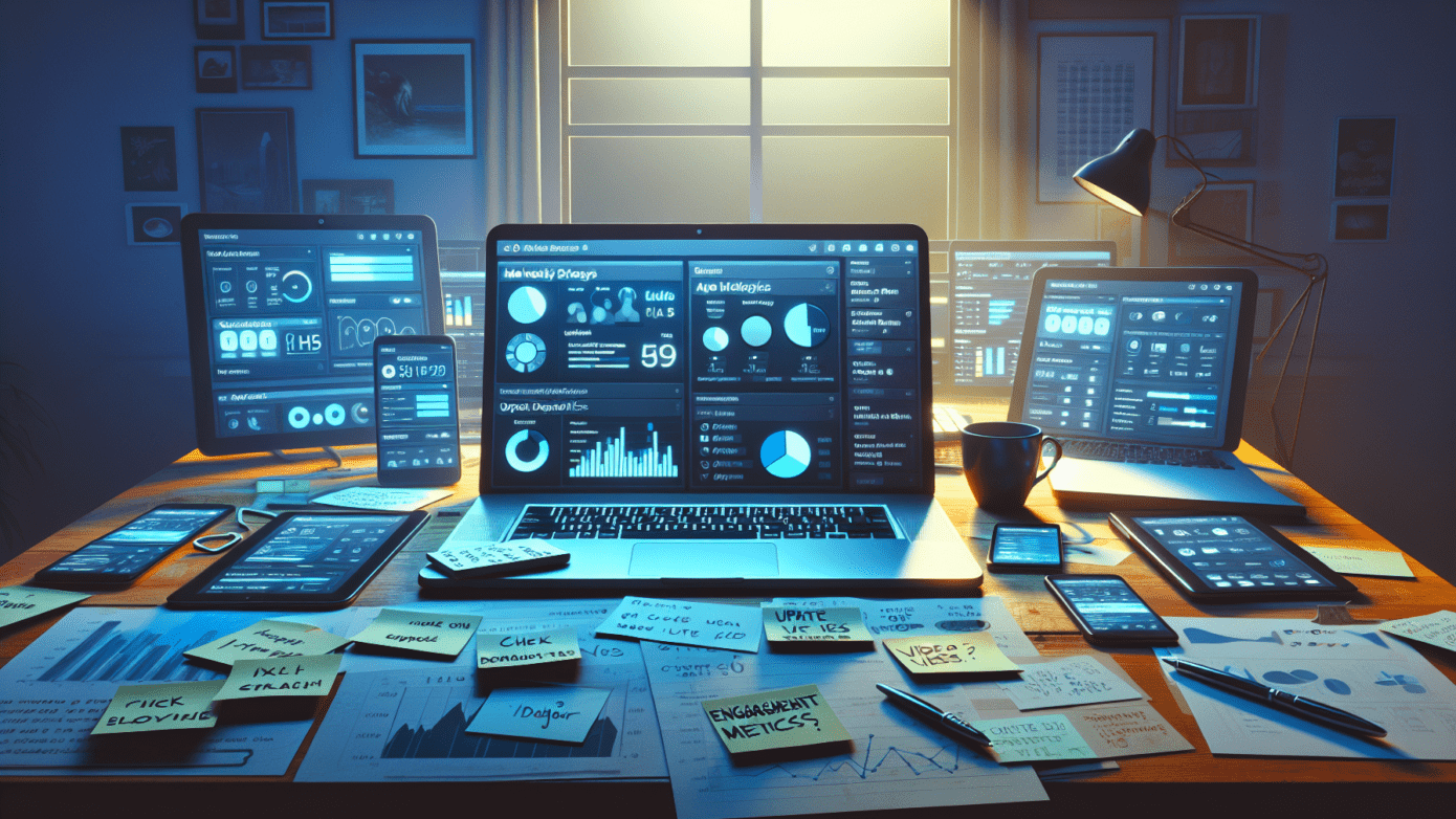 Cluttered home office desk with devices showing analytics, ambient lighting, coffee, and marketing notes.2024-05-13T03:32:58.532Z