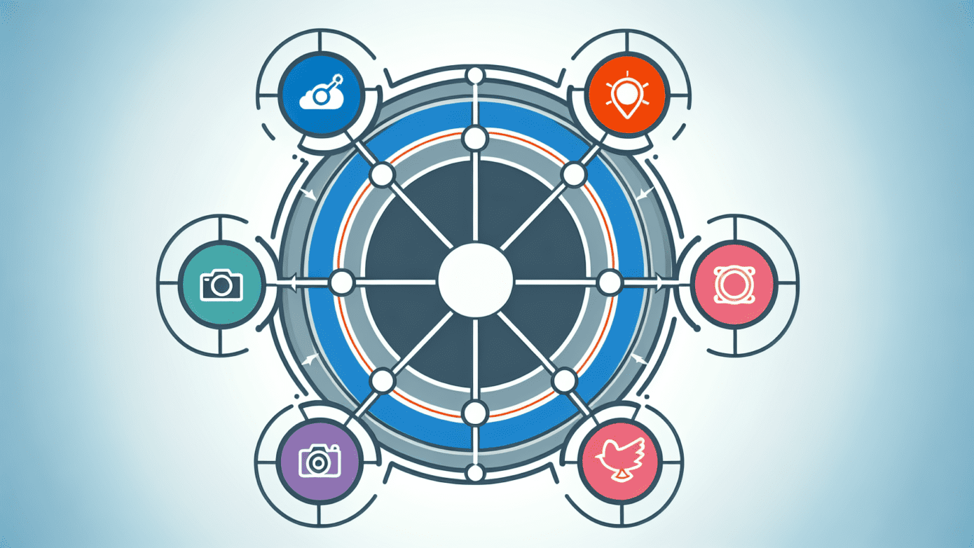 Diagram of "Social Media Insights" with spokes linking to Facebook, Instagram, Twitter, LinkedIn, Pinterest nodes.2024-05-15T03:45:56.850Z