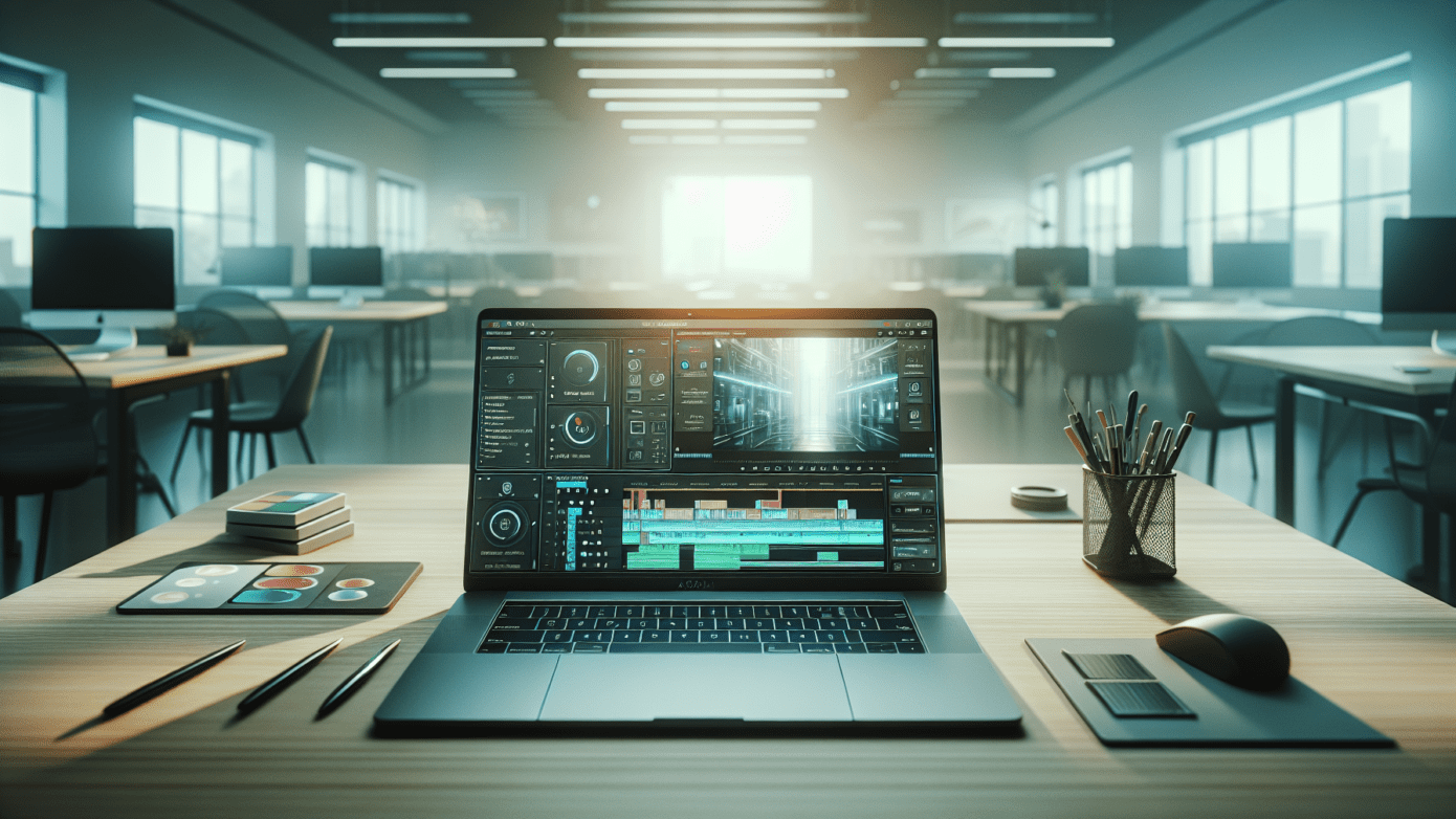 Straight-on view of a modern workspace with a laptop running AI-enhanced video editing software.2024-05-17T03:32:53.342Z