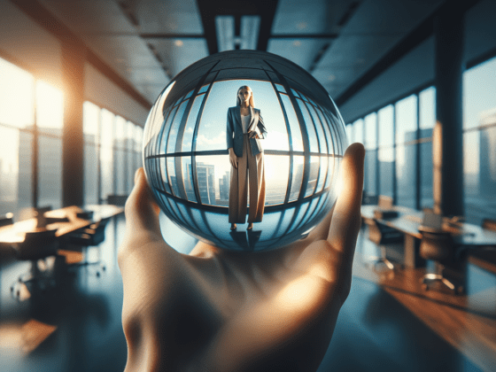 Hand holding crystal ball with reflection of confident businessperson in a modern office.2024-05-21T13:41:40.681Z