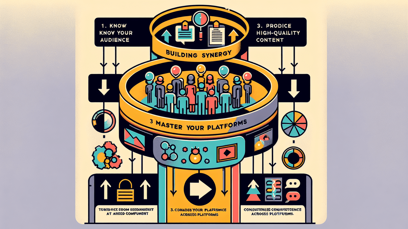 Infographic: 'Building Synergy' guide with steps: audience knowledge, content production, and platform mastery.2024-05-22T03:32:48.131Z