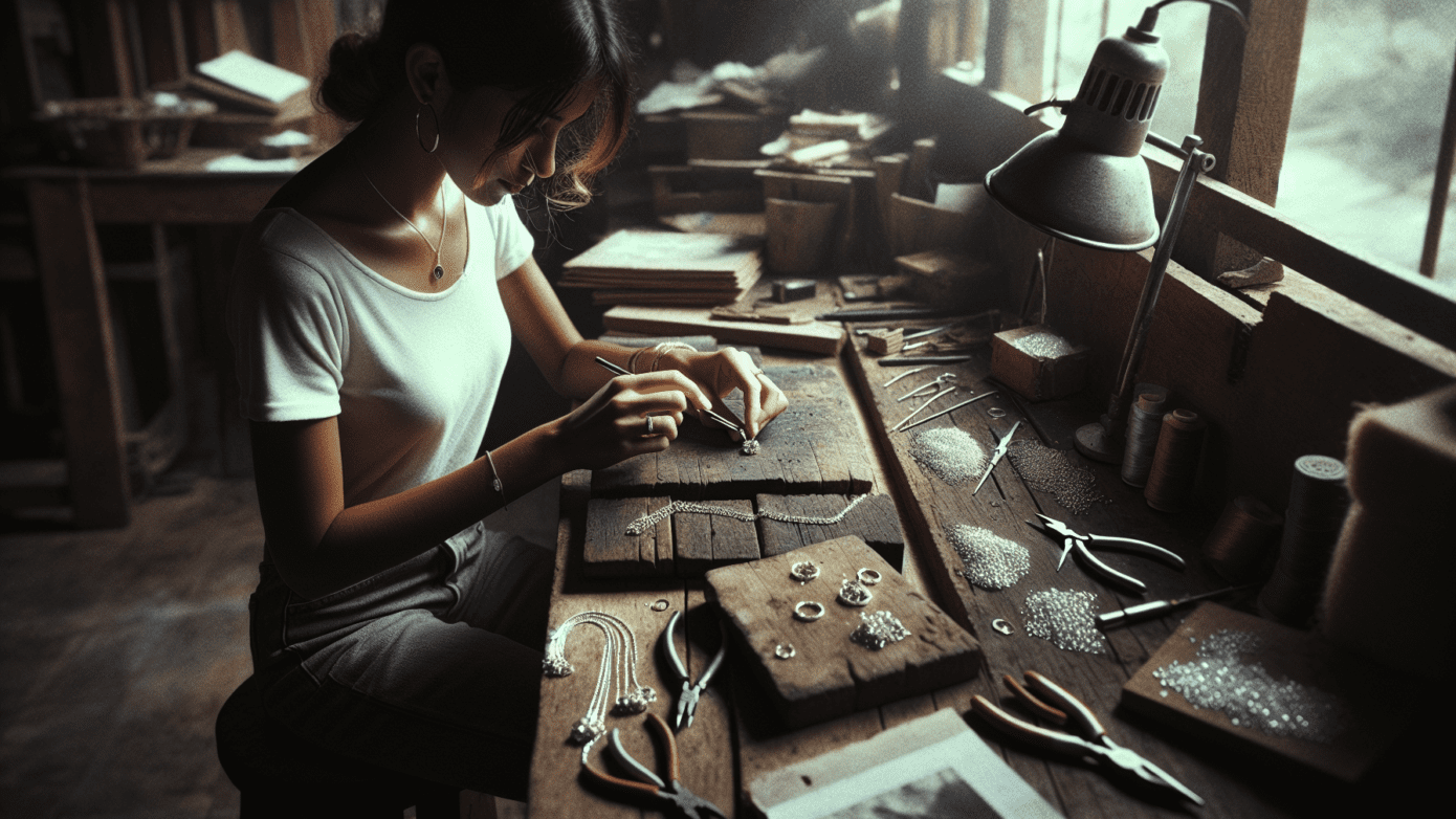 Young entrepreneur carefully assembling jewelry at a cluttered workbench, highlighted by soft daylight.2024-05-28T03:44:38.130Z