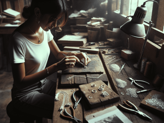 Young entrepreneur carefully assembling jewelry at a cluttered workbench, highlighted by soft daylight.2024-05-28T03:44:38.130Z