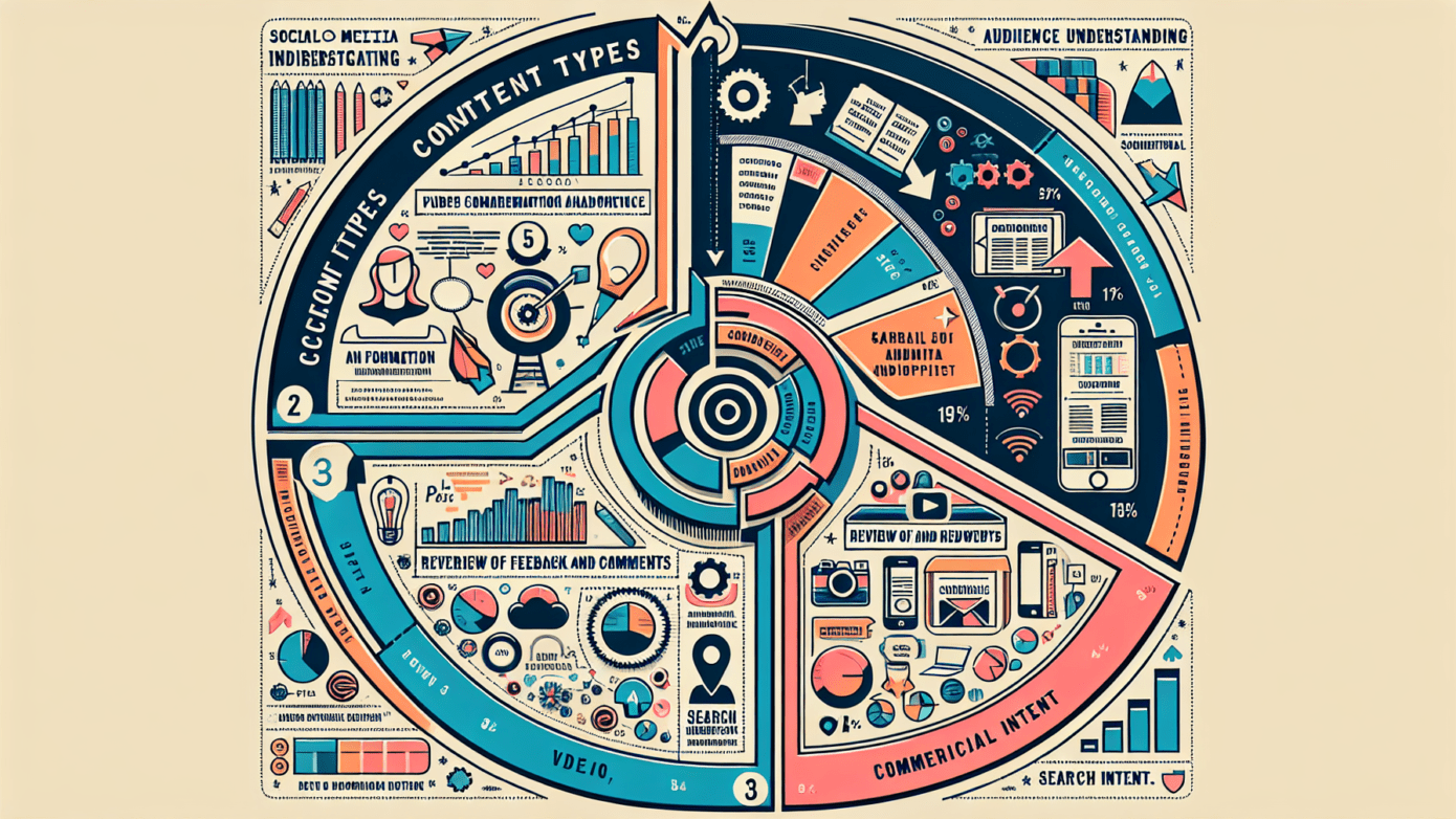 Transactional Intent.' - Third arrow with a lightning bolt icon, representing 'Navigational Intent.' - Fourth arrow with a question mark, denoting 'Investigative Intent.' The infographic is color-coded for ease of interpretation and engages the audience with visually represented statistics on the usage of various nuances in digital communication and marketing. Alt text: "Infographic with pie chart of content types, Venn diagram on audience understanding, and arrows indicating search intent."2024-06-05T03:33:09.822Z