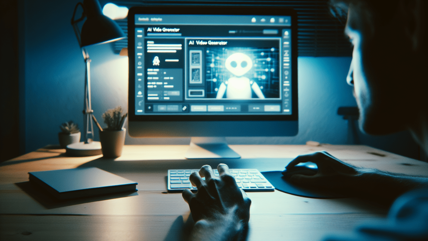Hand using mouse with AI video generator interface on screen in a dimly lit home office.2024-06-07T03:32:32.578Z