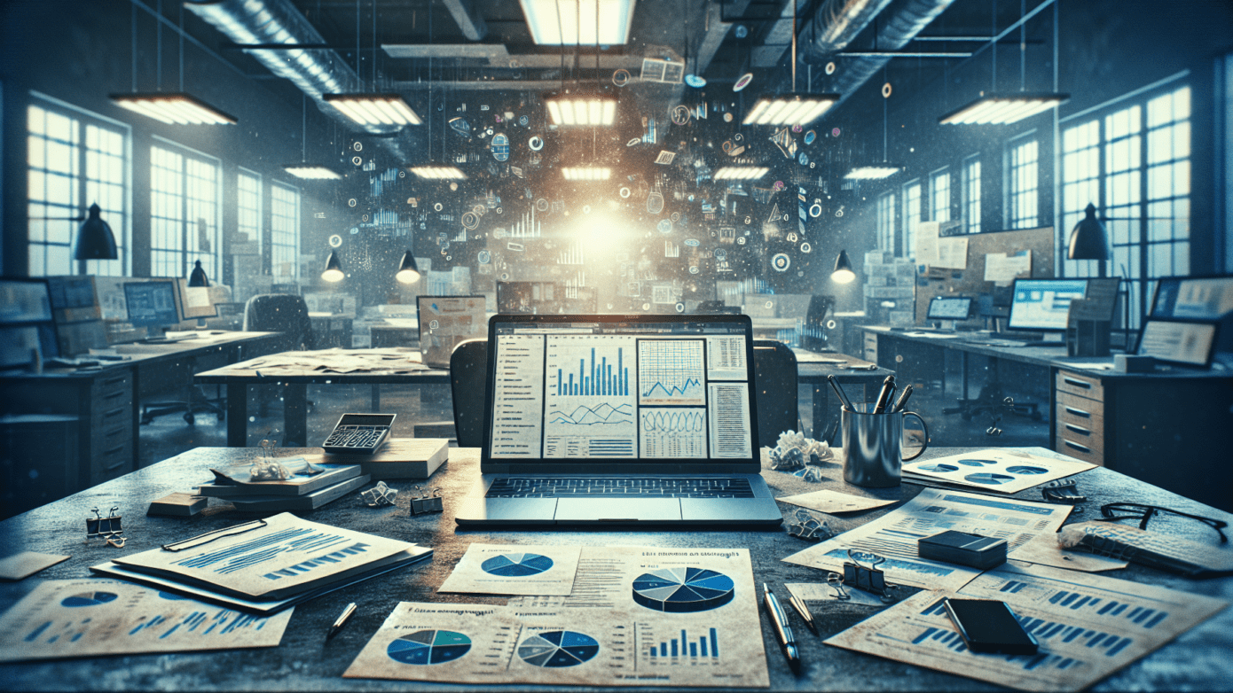 Chaotic office desk with AI analytics on laptop and scattered graphs at dusk.2024-06-18T03:32:53.091Z