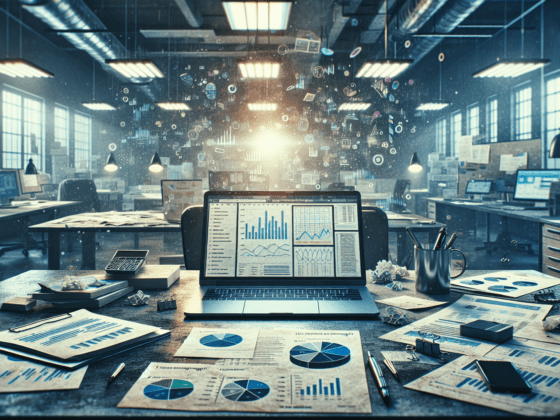 Chaotic office desk with AI analytics on laptop and scattered graphs at dusk.2024-06-18T03:32:53.091Z