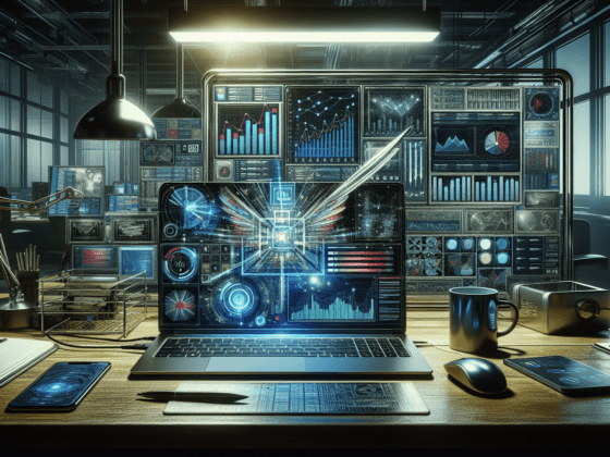 Straight-on view of a laptop displaying colorful graphs in a dim, cluttered office.2024-06-21T03:32:42.105Z