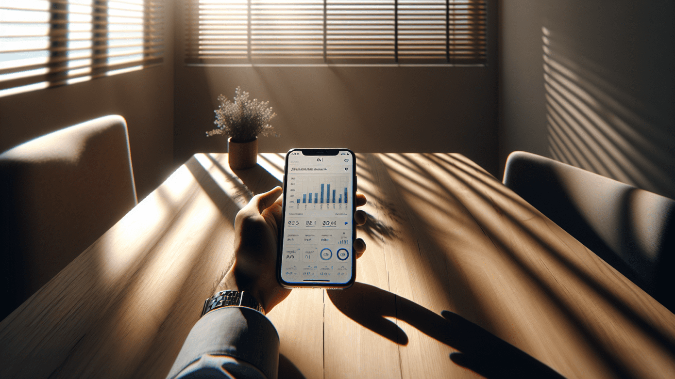 Hand holding an iPhone with AI analytics on screen in a sunlit minimalist office.2024-07-01T03:32:34.033Z