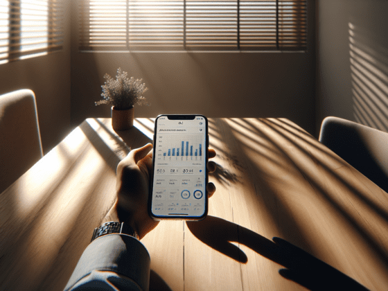 Hand holding an iPhone with AI analytics on screen in a sunlit minimalist office.2024-07-01T03:32:34.033Z