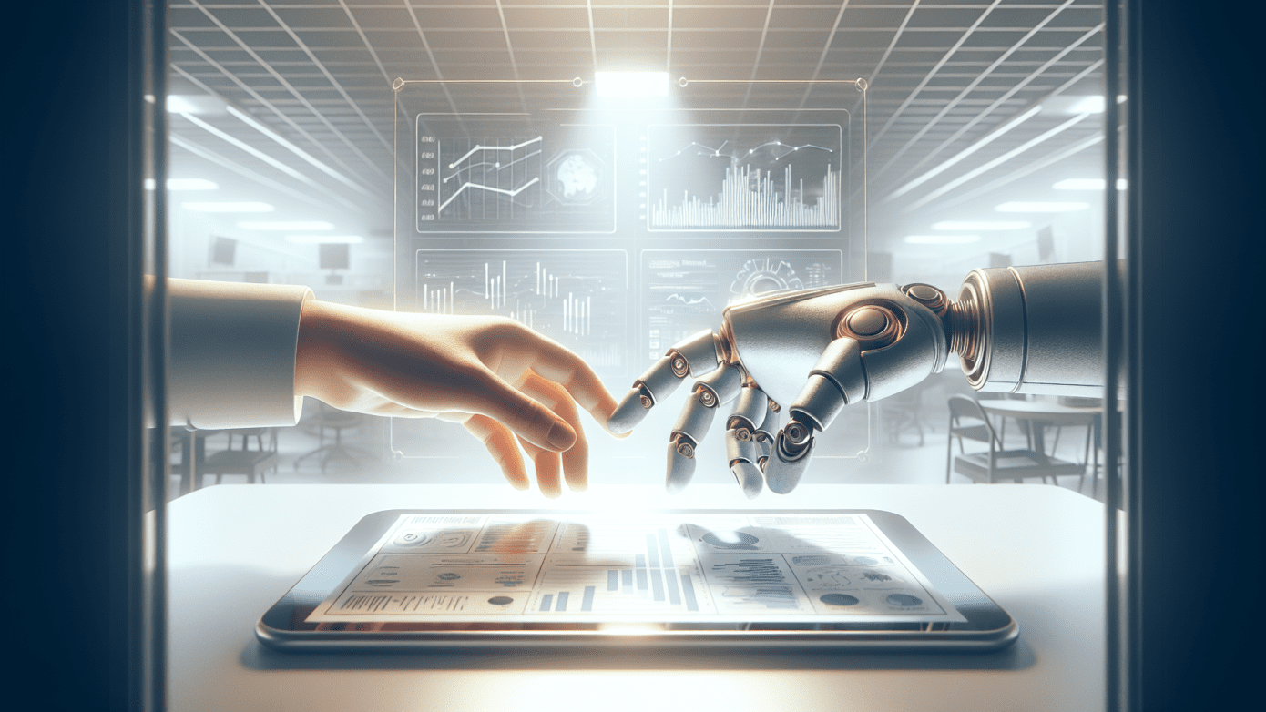 Human and robotic hands unite over a marketing dashboard in a well-lit modern office.2024-07-10T13:23:32.188Z