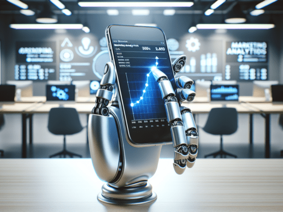 "Slightly overexposed image of a robot arm holding a smartphone displaying a rising graph, in a modern office."2024-07-10T22:40:41.427Z