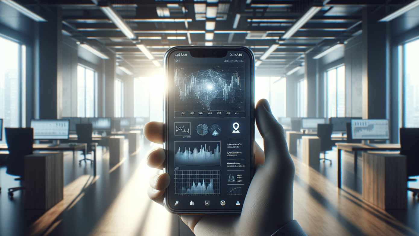 Hand holding smartphone with market analytics graph in a softly lit office environment.2024-07-16T03:43:00.110Z