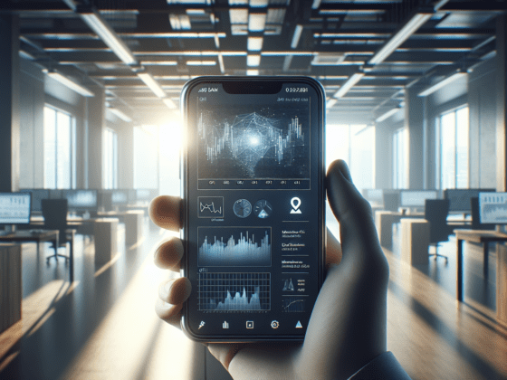 Hand holding smartphone with market analytics graph in a softly lit office environment.2024-07-16T03:43:00.110Z