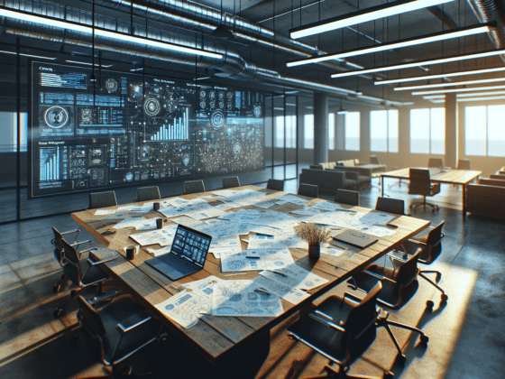 Alt text: A modern office conference table with papers, flowcharts, and a laptop displaying AI software in muted tones with mixed lighting.2024-07-18T03:40:02.635Z