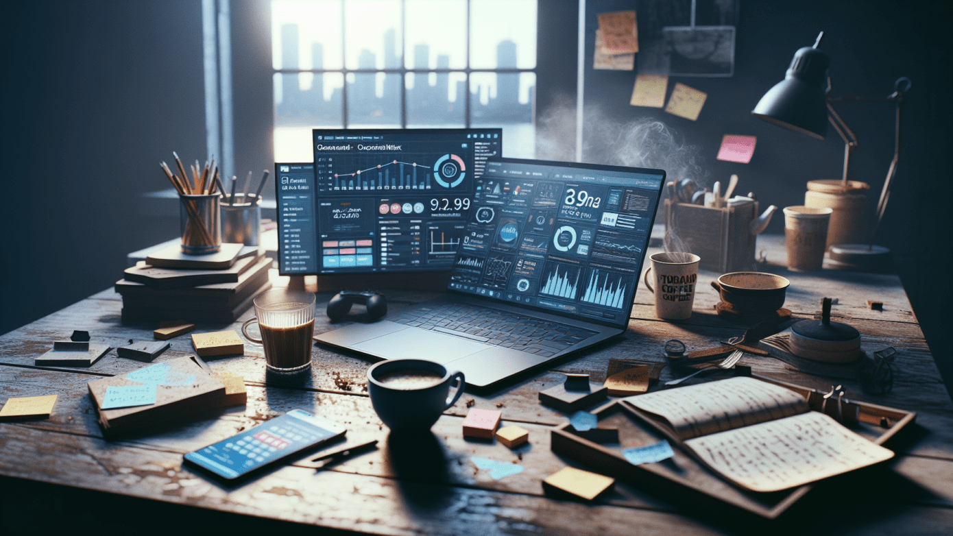 Alt text: "A cluttered wooden desk in a softly lit room features a sleek laptop displaying a social media dashboard with AI-driven analytics, symbolizing AI social media marketing. Alongside are sticky notes, a cup of chai, a Tim Hortons coffee cup, and a smartphone with a chatbot interface, reflecting the hustle of solopreneurs from Toronto and Mumbai. The warm and cool tones enhance the vibrant data visuals on the laptop, while afternoon light creates a gentle backlight."2024-07-28T17:07:25.534Z