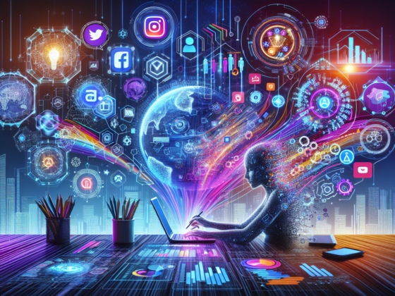 Alt text: "A solopreneur analyzing social media metrics on a laptop with AI tools, highlighting AI social media marketing strategies."2024-08-05T22:27:42.541Z