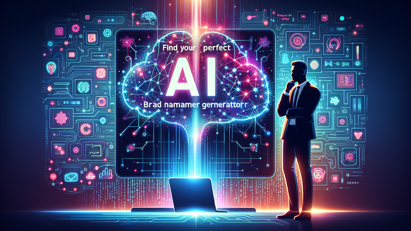 Alt text: "Illustration of a laptop displaying an AI brand name generator tool surrounded by creative brand name ideas, ideal for solopreneurs exploring AI marketing trends."2024-08-30T14:25:25.647Z