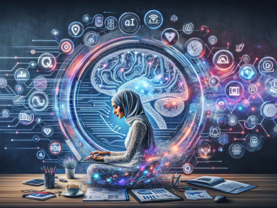 Alt text: "Solopreneur using AI tools for content marketing, surrounded by digital media elements like graphs and copyright icons, illustrating the intersection of AI generated content marketing and copyright insights."2024-10-10T12:32:23.545Z